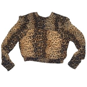 Free People Animal Print Ruffle Blouse Long Sleeved High Round Neck Smock Top